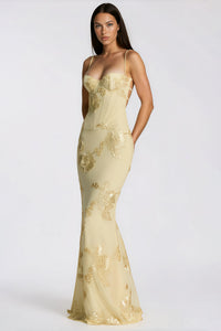 Théoline Yellow Floral Appliqué Corset Maxi Dress