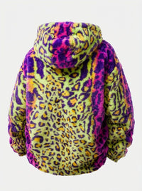 Fake fur colorful leopard-print zip-up hooded jacket