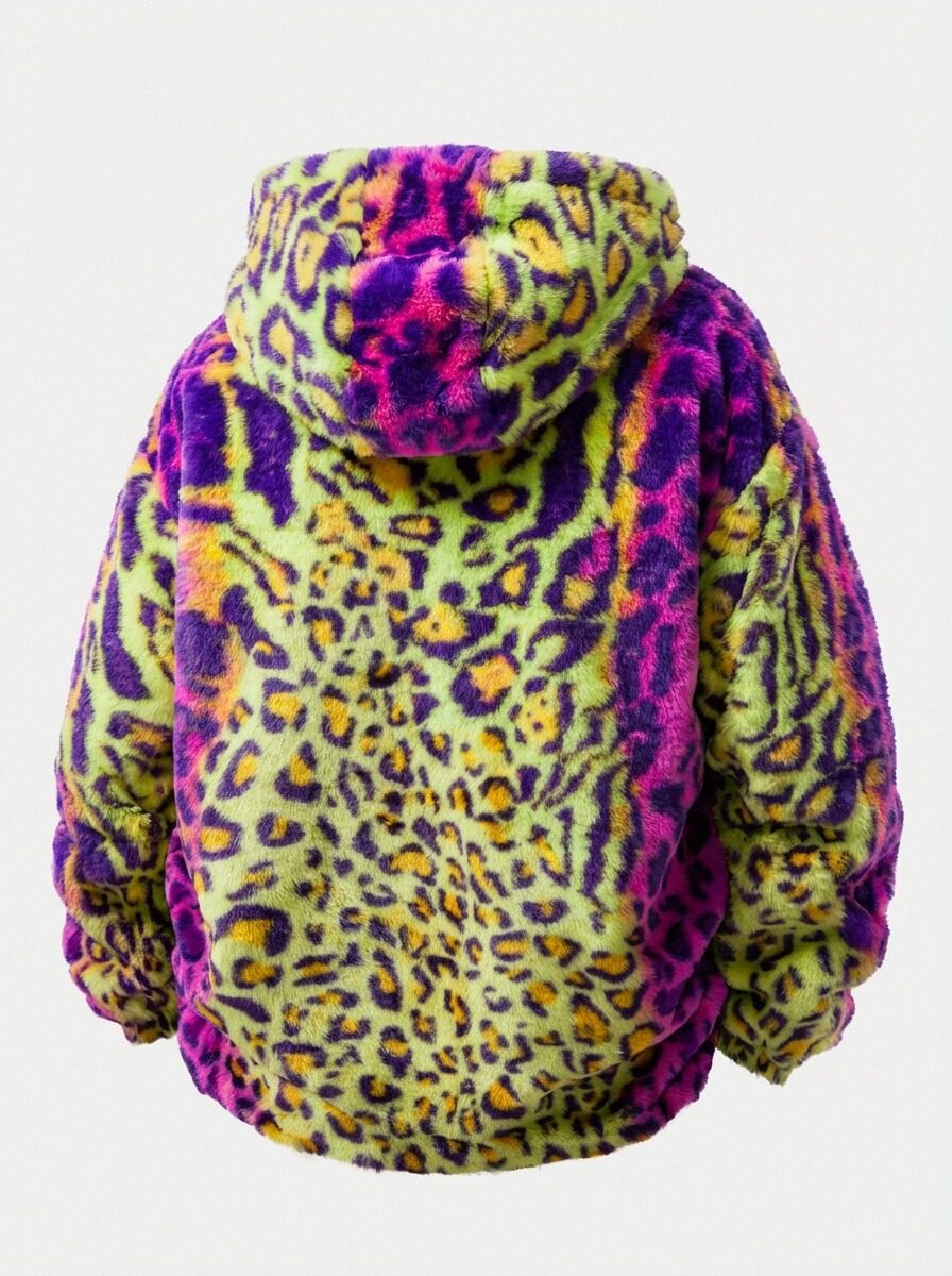 Fake fur colorful leopard-print zip-up hooded jacket
