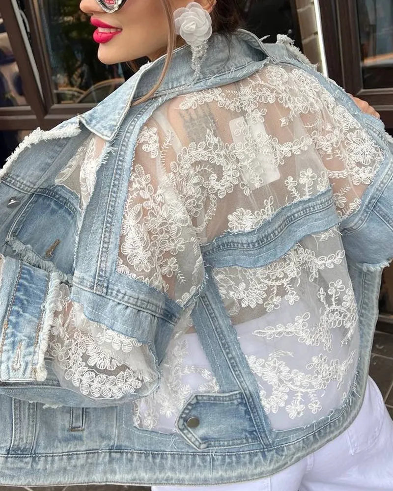 Sheer Lace Patchwork Denim Jacket