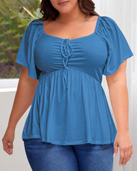 Plus Size Sweetheart Neck Short Sleeve Shirred Peplum Tops