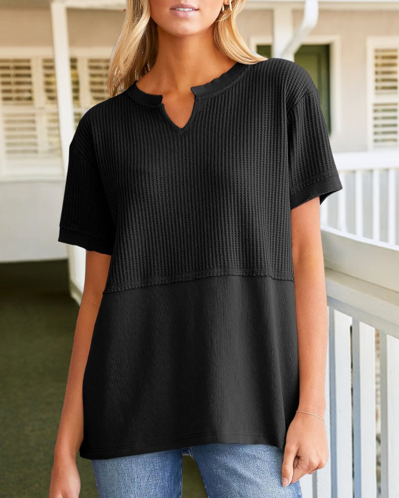 Summer Cozy Oversized Waffle Knit V-Neck Top