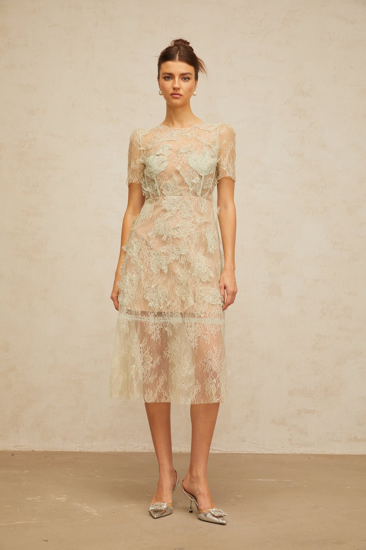 Xaviera mint-green floral-lace midi dress