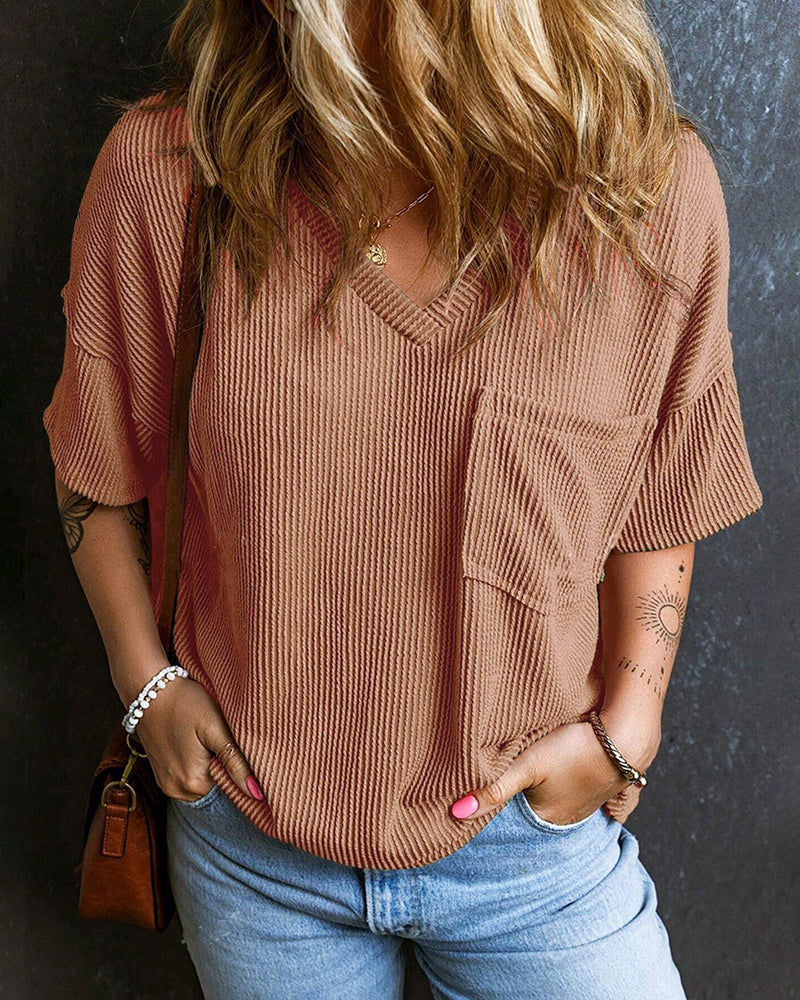 Textured V-Neck Dropped Shoulder Relaxed Tee