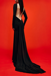 Caterina Black Open Back Maxi Gown with Train