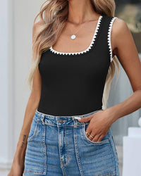 Casual Slim Fitted Color Block Ribbed Square Neck Tank Tops