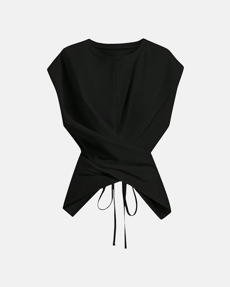 Women's Cinched Waist Wrap Top with Asymmetrical Criss Cross Back Tie Design