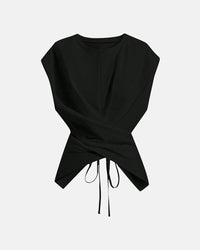 Women's Cinched Waist Wrap Top with Asymmetrical Criss Cross Back Tie Design