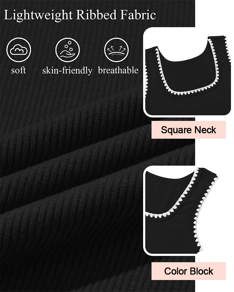 Casual Slim Fitted Color Block Ribbed Square Neck Tank Tops