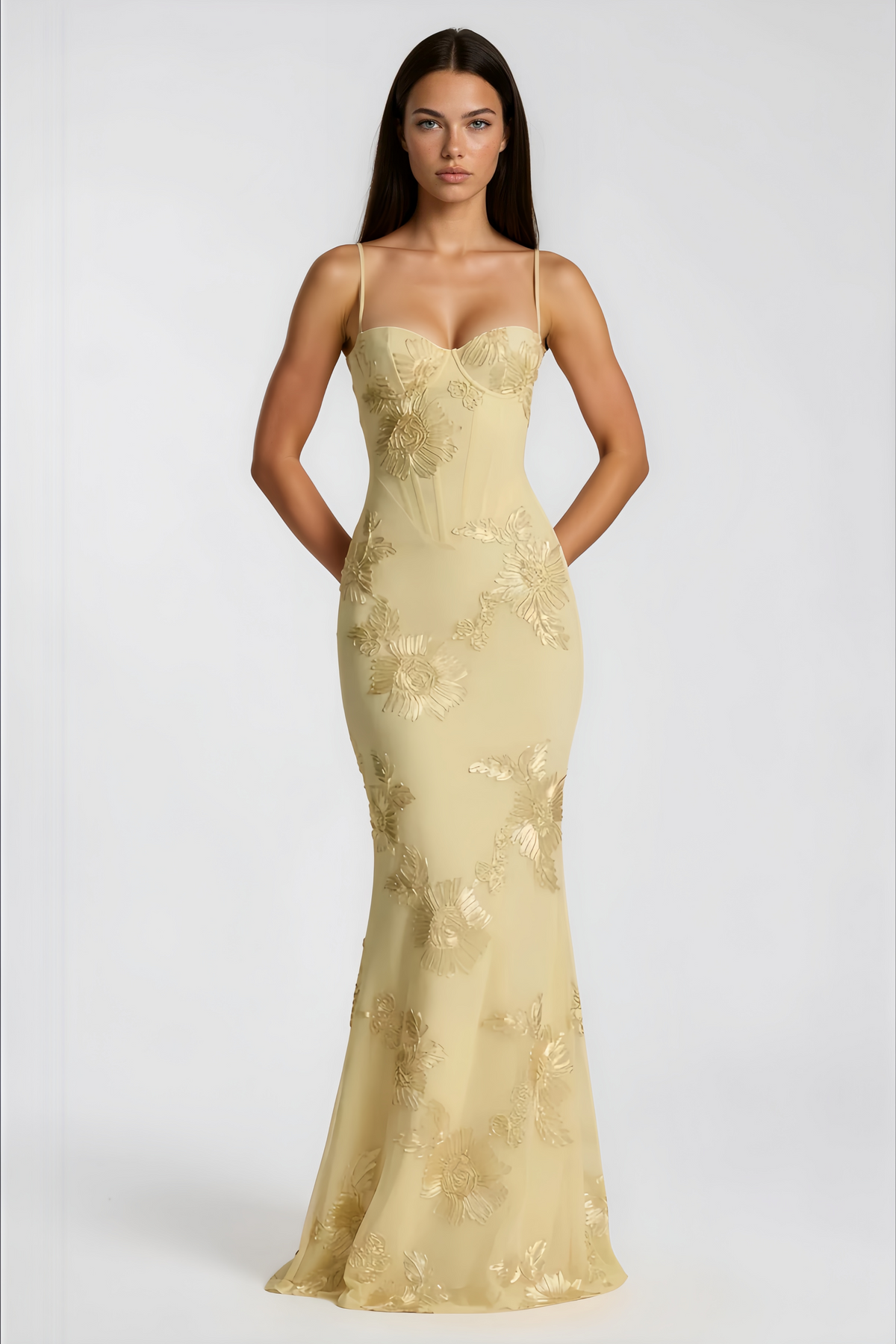 Théoline Yellow Floral Appliqué Corset Maxi Dress
