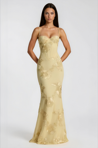 Théoline Yellow Floral Appliqué Corset Maxi Dress