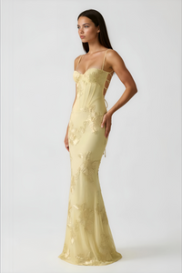 Théoline Yellow Floral Appliqué Corset Maxi Dress