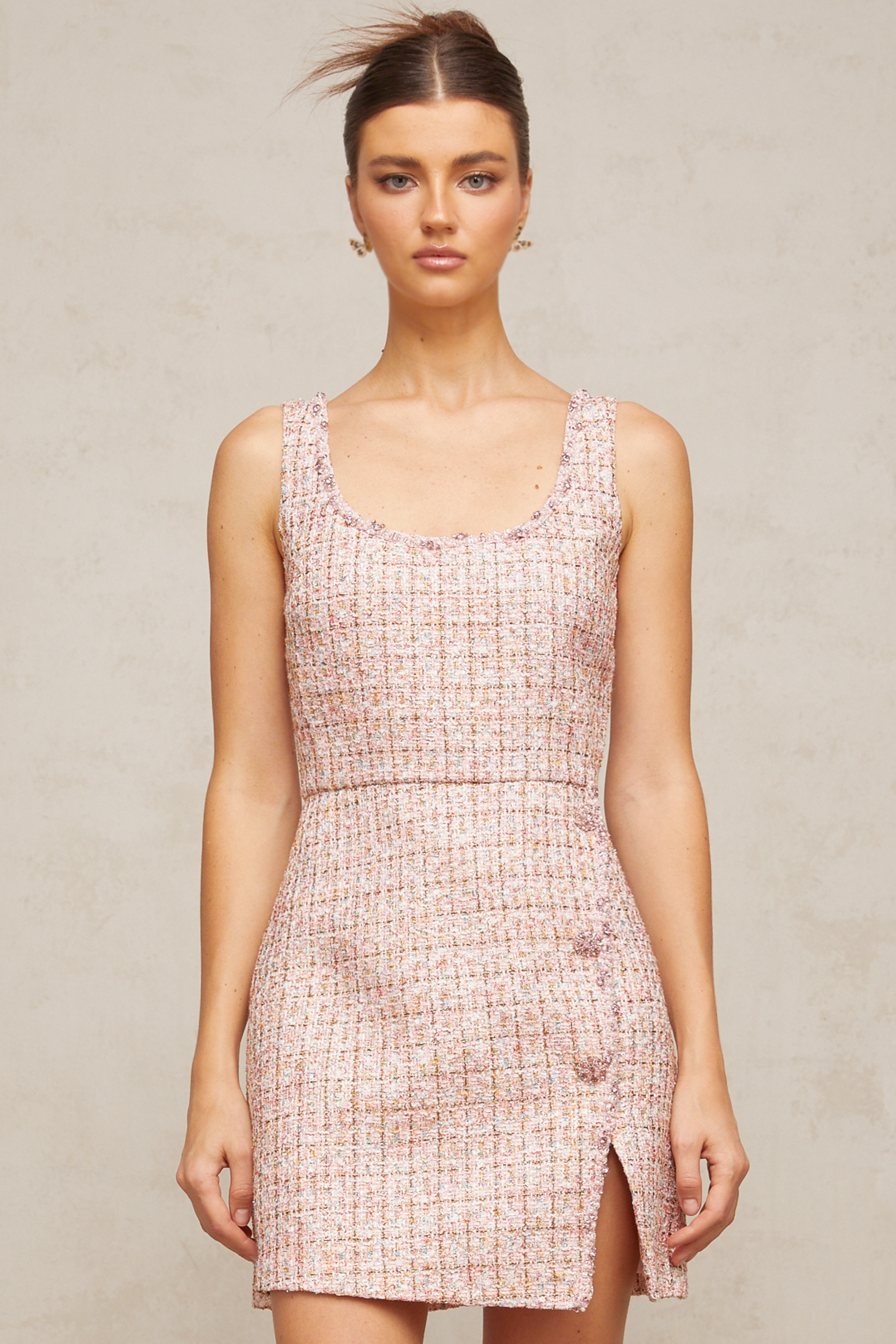 Aoife pink embellished tweed mini dress