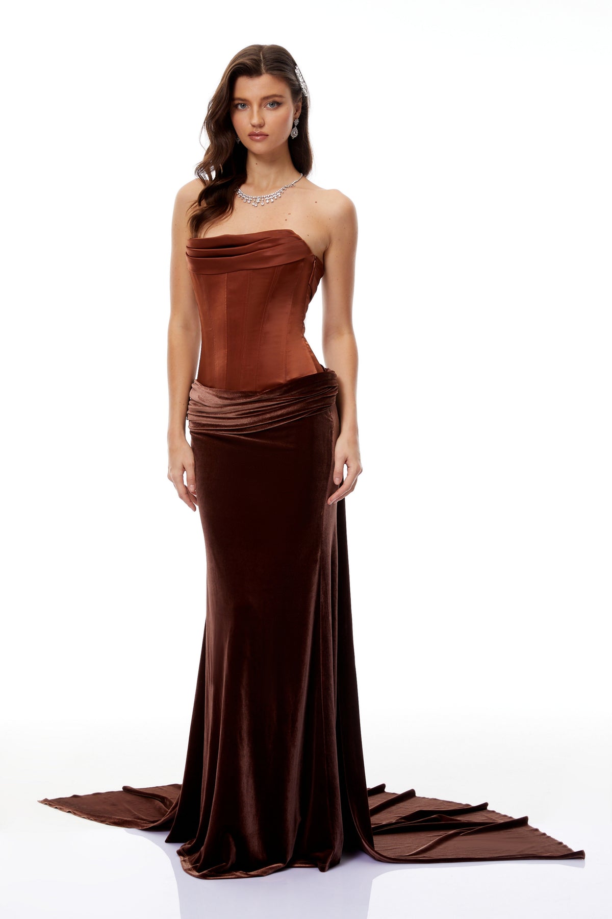 Zoé Brown Strapless Velvet Corset Maxi Gown