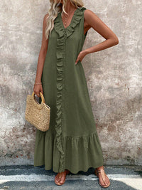 Ruffle Trim V-Neck A-Line Maxi Dress