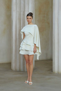 Lyna White Satin Ruffled Mini Dress with Shawl Panel Detail