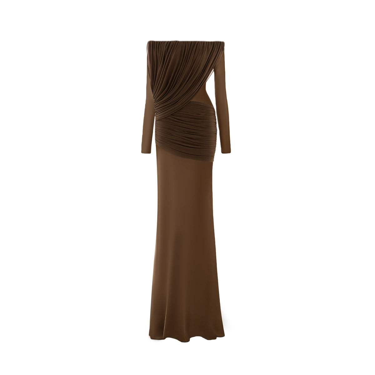 Zenobia Brown Asymmetrical Draped Mesh Maxi Dress