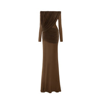 Zenobia Brown Asymmetrical Draped Mesh Maxi Dress