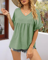 Casual V Neck Ruffle Sleeve Babydoll Peplum Tops