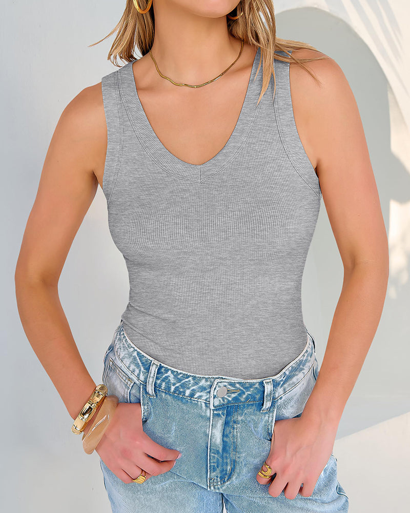 V Neck Ribbed Knit Slim Fit Tank Tops