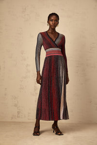 Amaryllis Red Long Sleeve Sequin Striped Knit Maxi Dress