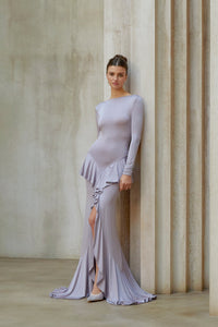 Xenia Purple Ruffle Detail Maxi Dress with Front Slit