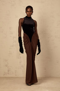 Mathilde brown velvet-panel ruched maxi dress