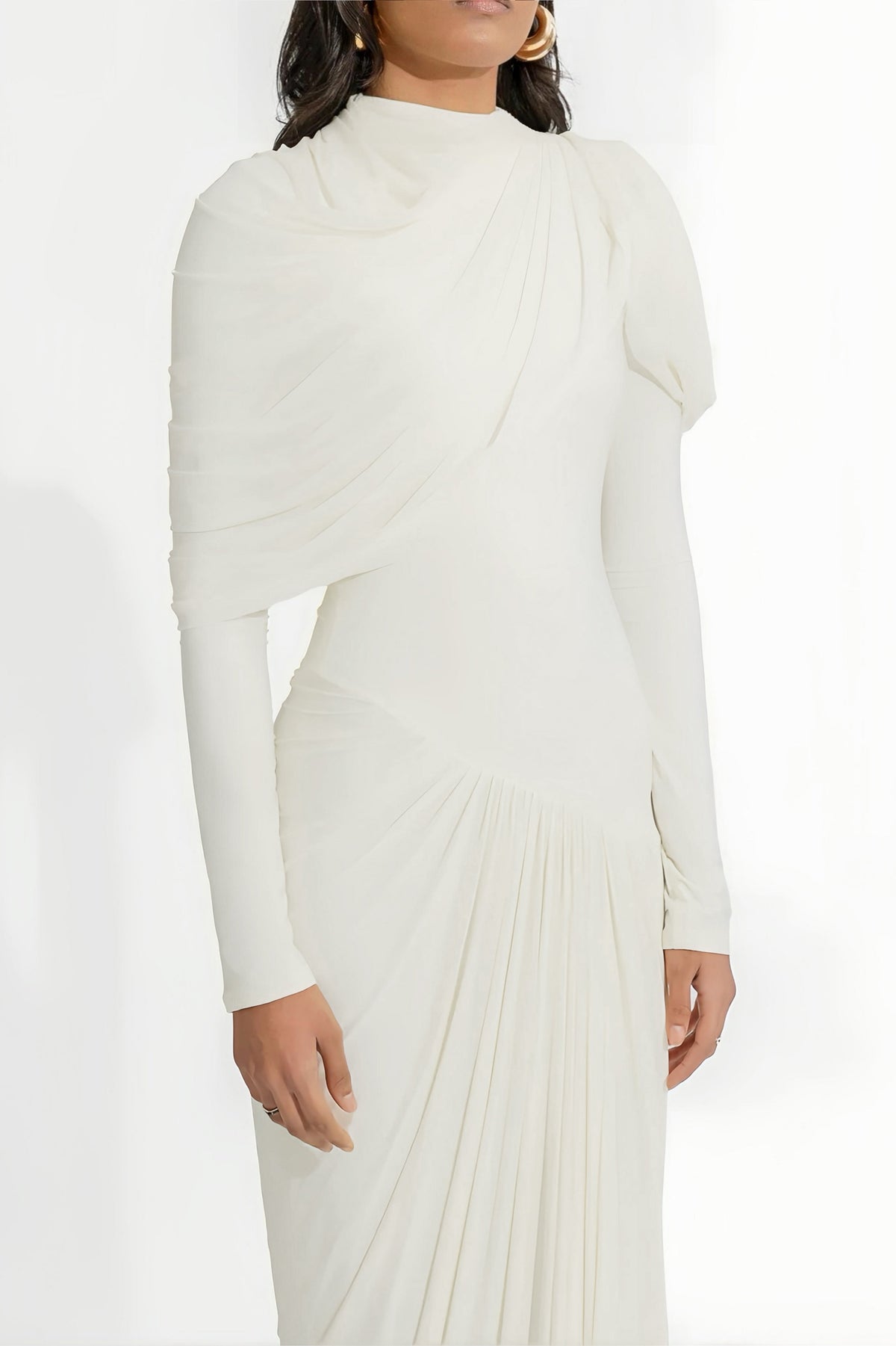 Bronwyn White Draped Pleated Asymmetrical Maxi Dress