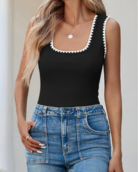 Casual Slim Fitted Color Block Ribbed Square Neck Tank Tops