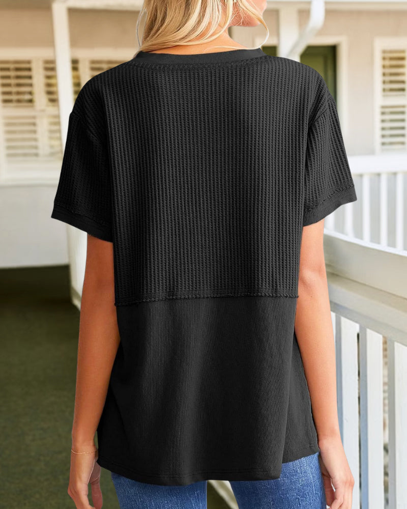 Summer Cozy Oversized Waffle Knit V-Neck Top