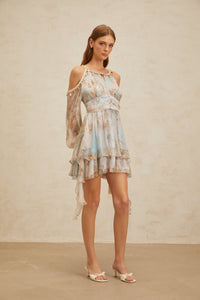Glannon Blue Floral Print Silk Mini Dress