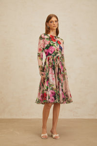 Coralie Pink Rose Print Summer Silk Midi Dress