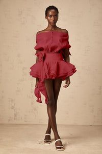 Amélie Red Floral Appliqué Flounced Mini Dress