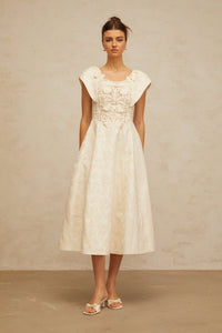 Xenia neutrals floral-embroidered embellished midi dress