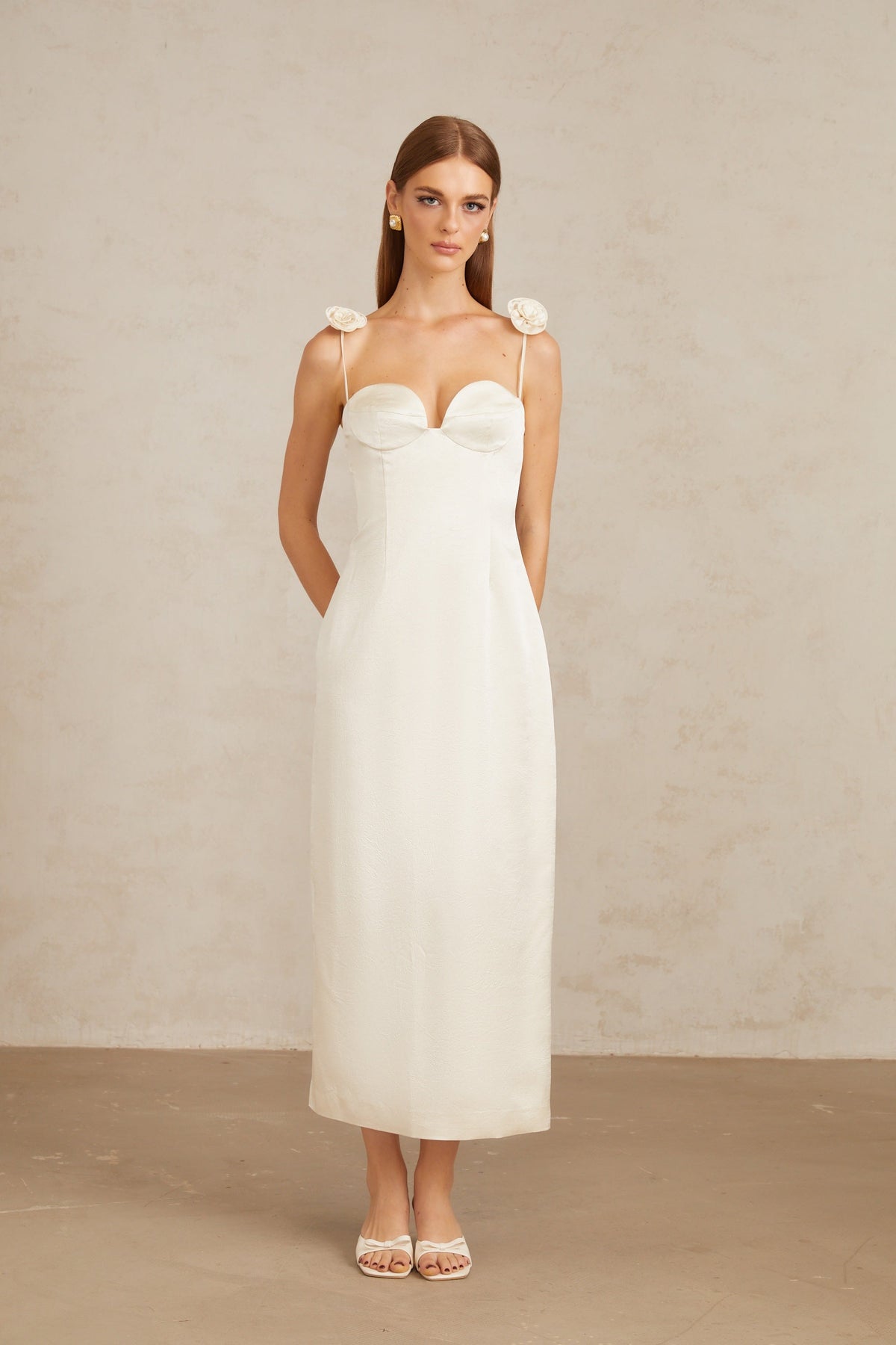 Ida White Floral Satin Midi Dress
