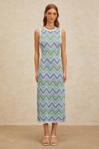 Solène Blue Chevron Knit Midi Dress