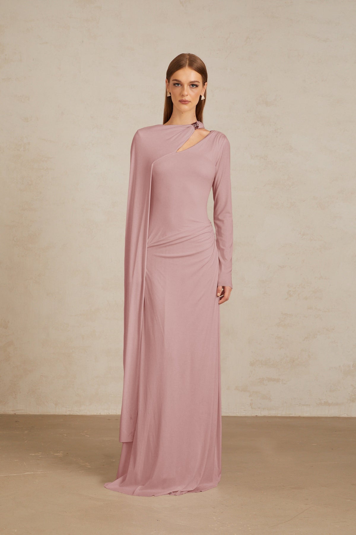 Josette Pink Diagonal Shawl Fitted Maxi Dress