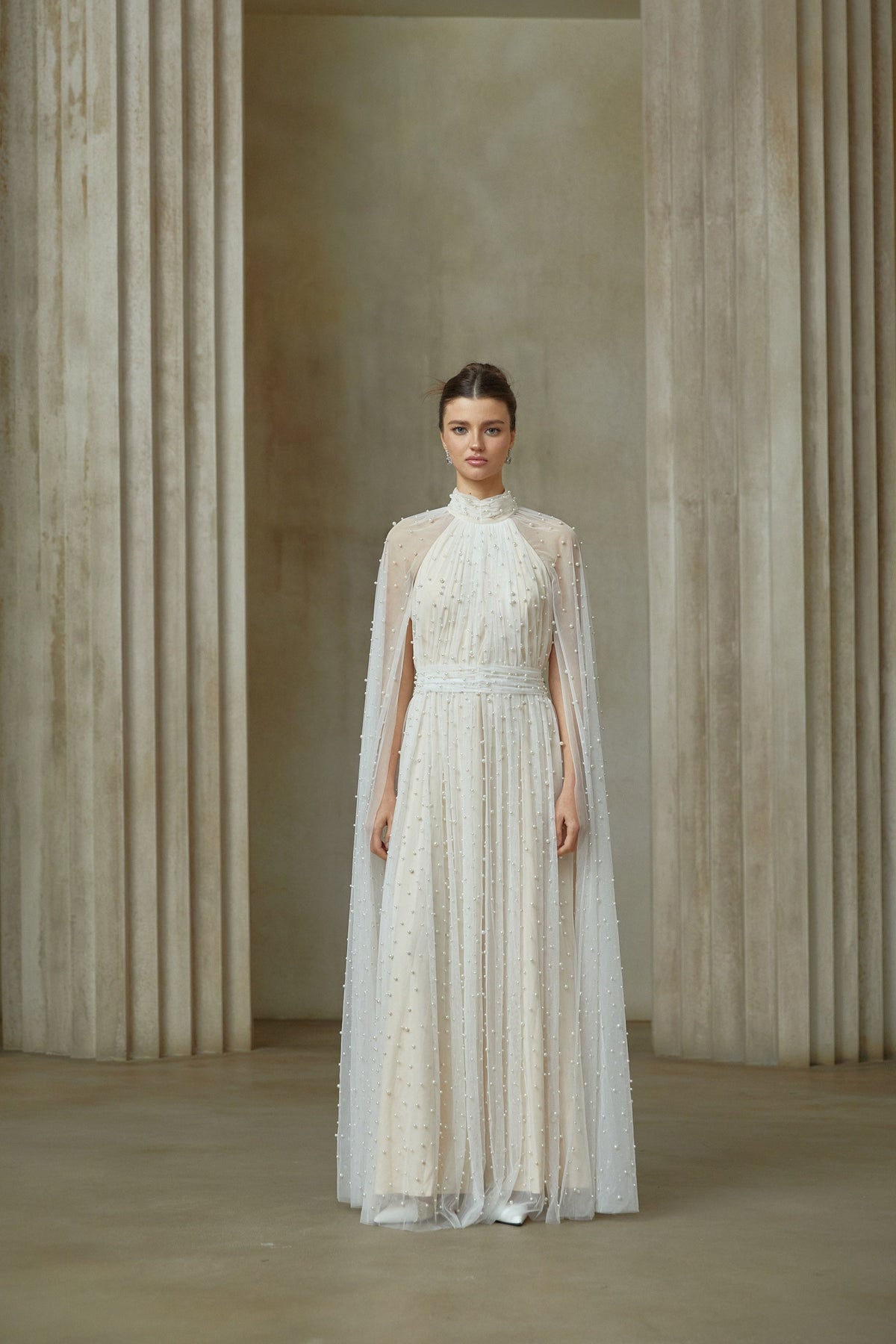 Louane white cape-design embellished tulle maxi dress