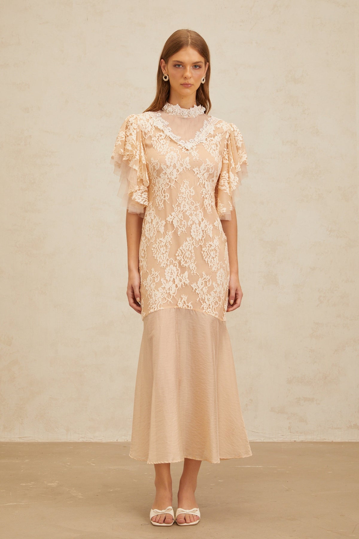 Annabelle Embellished Floral Lace Panelled Midi Dress in Neutrals
