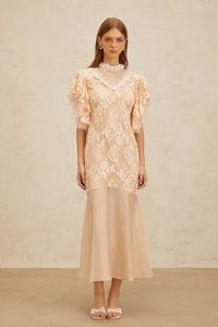 Annabelle Embellished Floral Lace Panelled Midi Dress in Neutrals