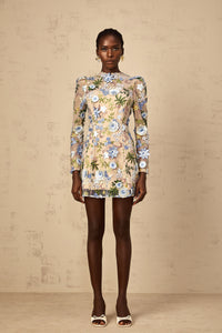 Jolien Blue Floral Appliqué Embroidered Tulle Mini Dress