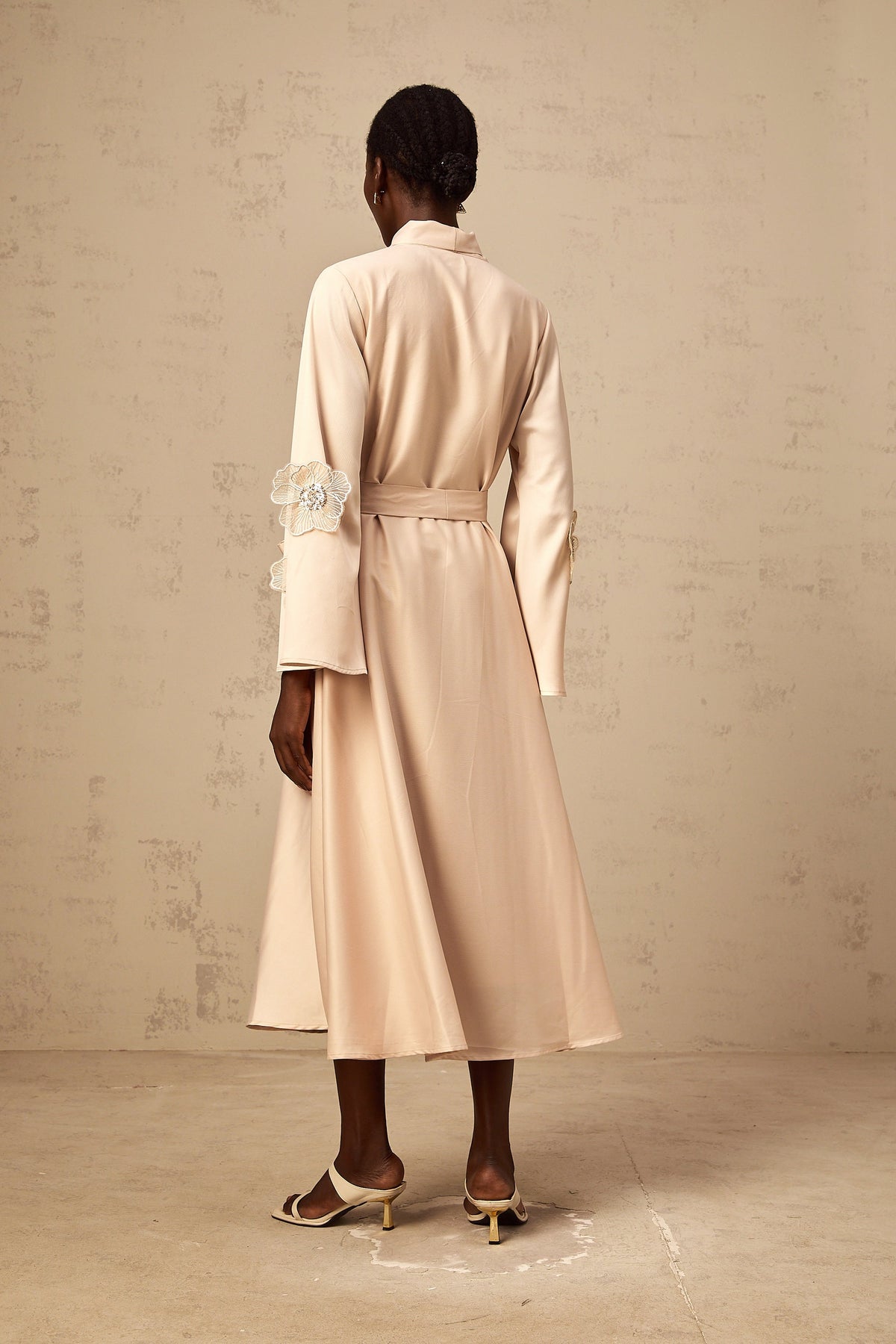 Orane tied floral-applique flared midi dress in Neutrals