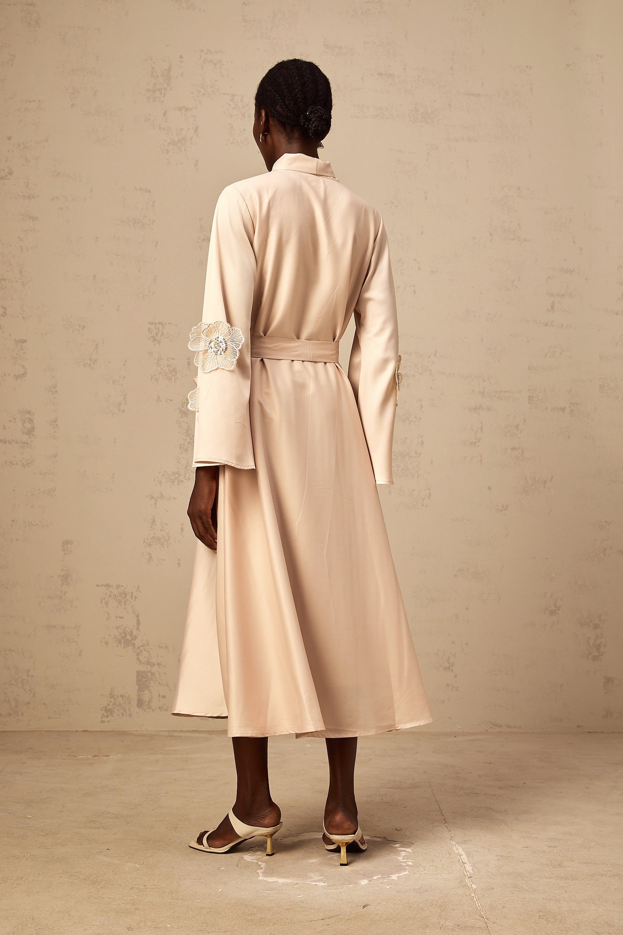 Orane tied floral-applique flared midi dress in Neutrals