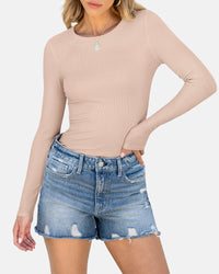 Women Full Length Long Sleeve Rib Knit Slim Fit Tops