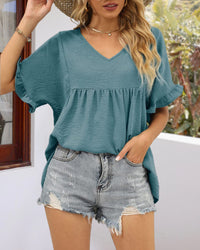 Casual V Neck Ruffle Sleeve Babydoll Peplum Tops