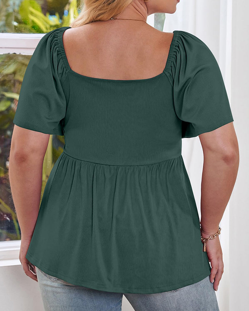 Plus Size Sweetheart Neck Short Sleeve Shirred Peplum Tops