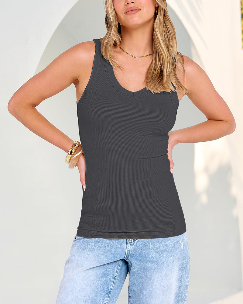 V Neck Ribbed Knit Slim Fit Tank Tops