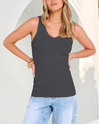 V Neck Ribbed Knit Slim Fit Tank Tops