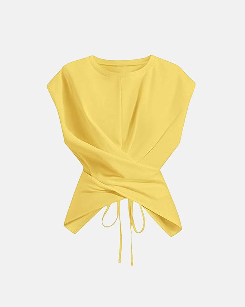 Women's Cinched Waist Wrap Top with Asymmetrical Criss Cross Back Tie Design