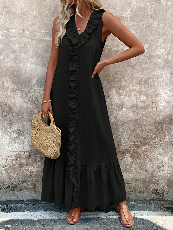Ruffle Trim V-Neck A-Line Maxi Dress